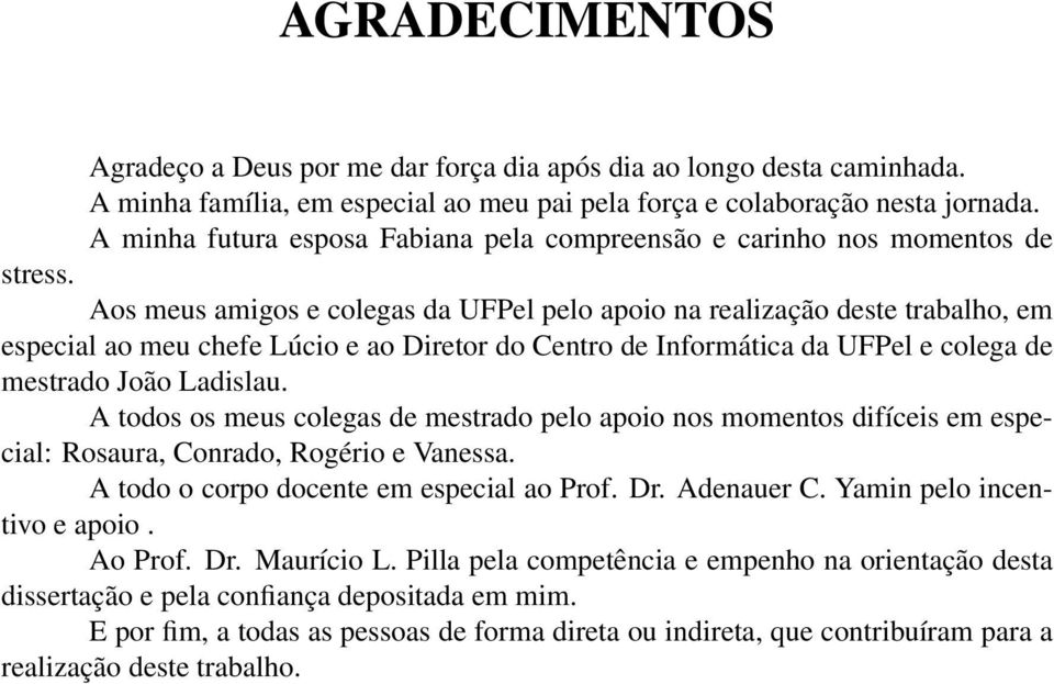 Aos meus amigos e colegas da UFPel pelo apoio na realização deste trabalho, em especial ao meu chefe Lúcio e ao Diretor do Centro de Informática da UFPel e colega de mestrado João Ladislau.