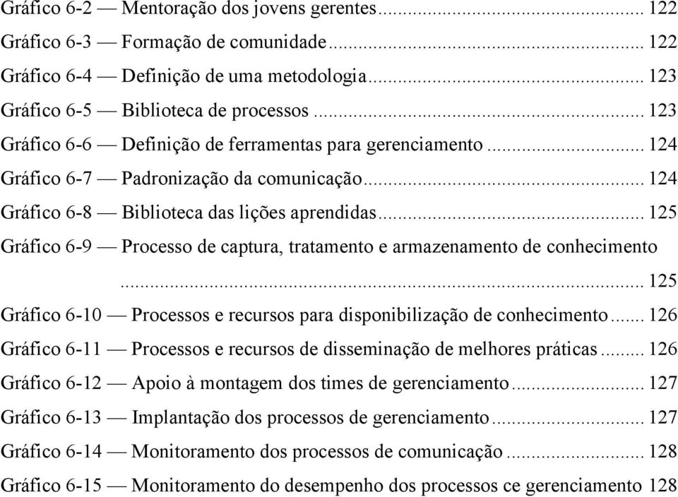 .. 125 Gráfico 6-9 Processo de captura, tratamento e armazenamento de conhecimento... 125 Gráfico 6-10 Processos e recursos para disponibilização de conhecimento.