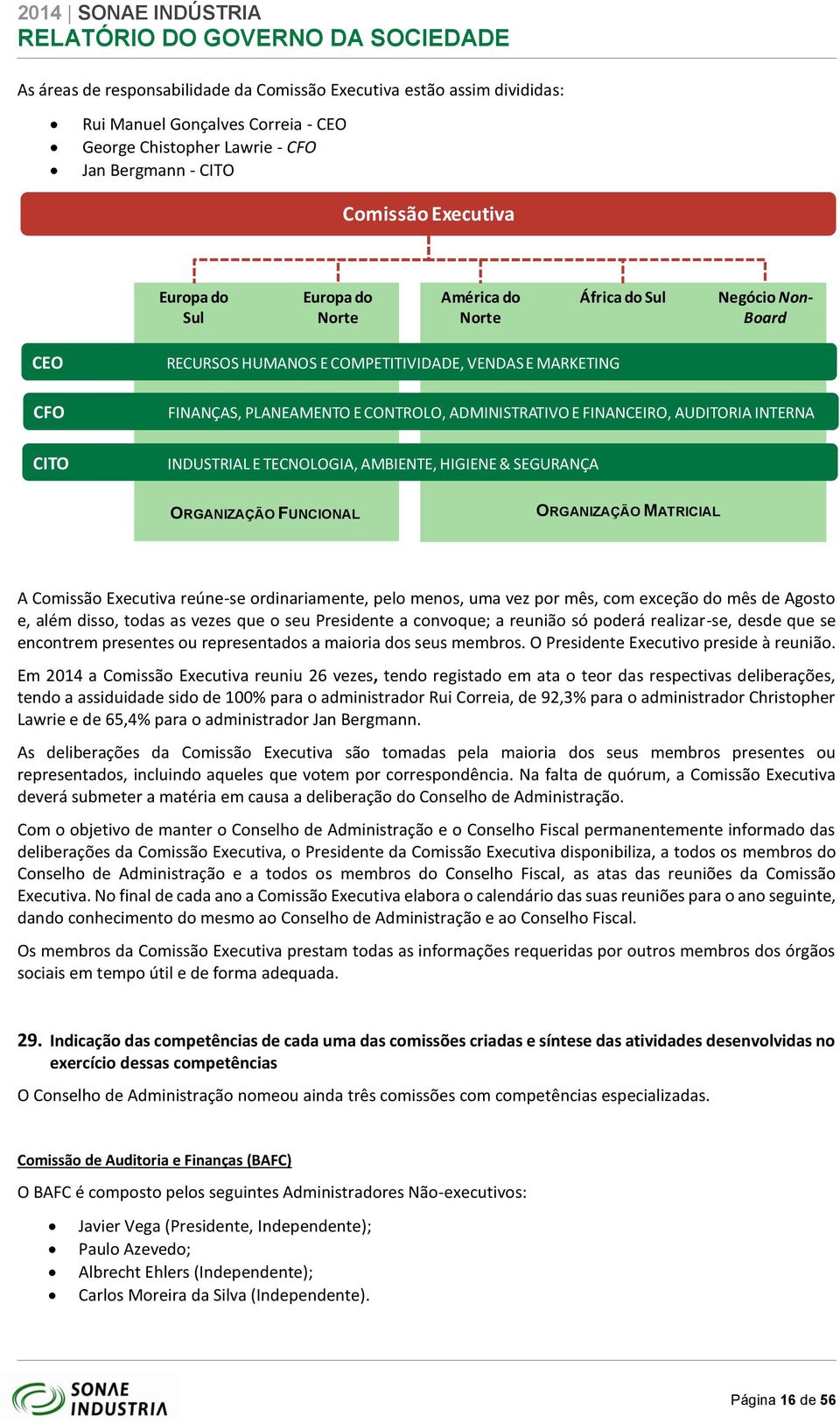 INTERNA INDUSTRIAL E TECNOLOGIA, AMBIENTE, HIGIENE & SEGURANÇA ORGANIZAÇÃO FUNCIONAL ORGANIZAÇÃO MATRICIAL A Comissão Executiva reúne-se ordinariamente, pelo menos, uma vez por mês, com exceção do