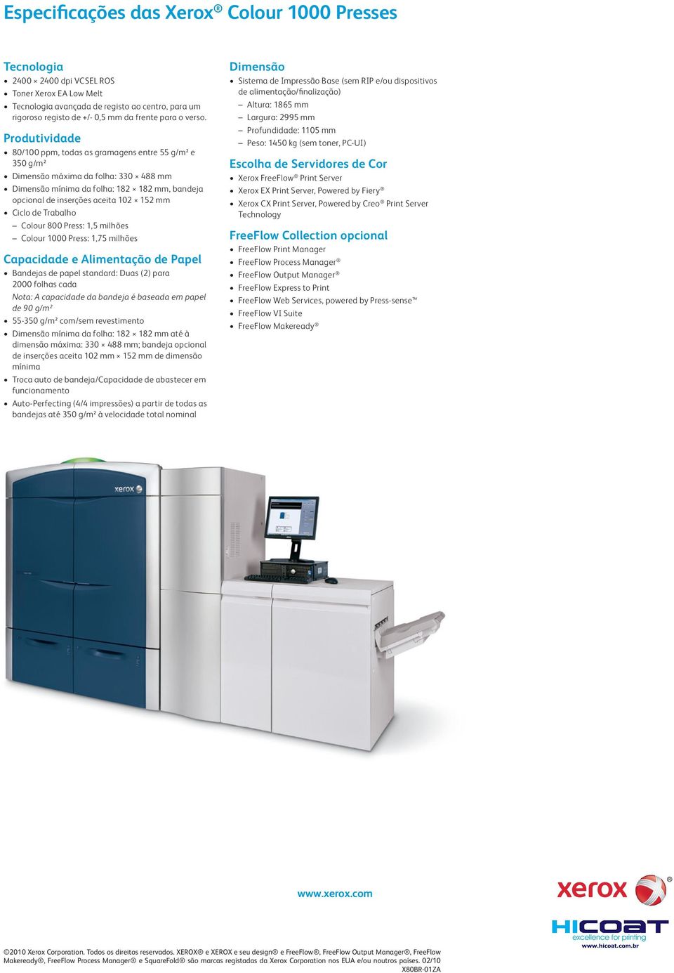 Produtividade 80/100 ppm, todas as gramagens entre 55 g/m² e 350 g/m² Dimensão máxima da folha: 330 488 mm Dimensão mínima da folha: 182 182 mm, bandeja opcional de inserções aceita 102 152 mm Ciclo