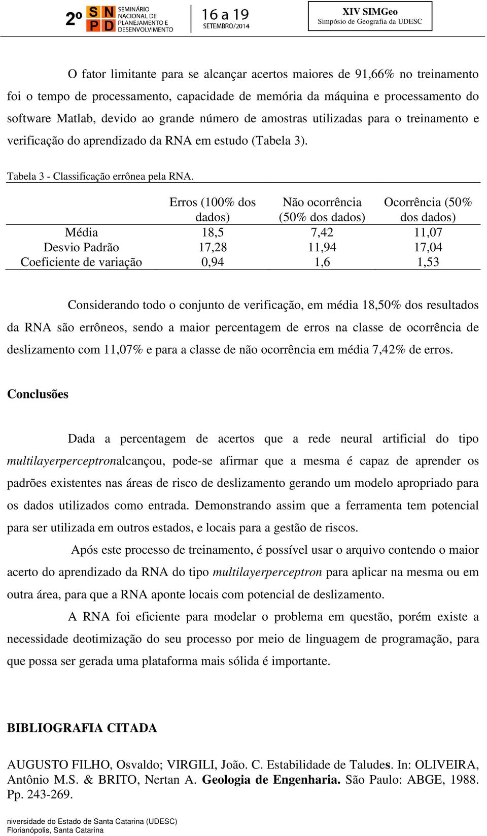 Erros (100% dos dados) Não ocorrência (50% dos dados) Ocorrência (50% dos dados) Média 18,5 7,42 11,07 Desvio Padrão 17,28 11,94 17,04 Coeficiente de variação 0,94 1,6 1,53 Considerando todo o