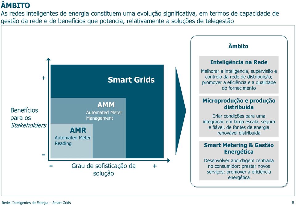 Automated Meter Reading AMM Automated Meter Management Grau de sofisticação da solução + Microprodução e produção distribuída Criar condições para uma integração em larga escala, segura e fiável, de