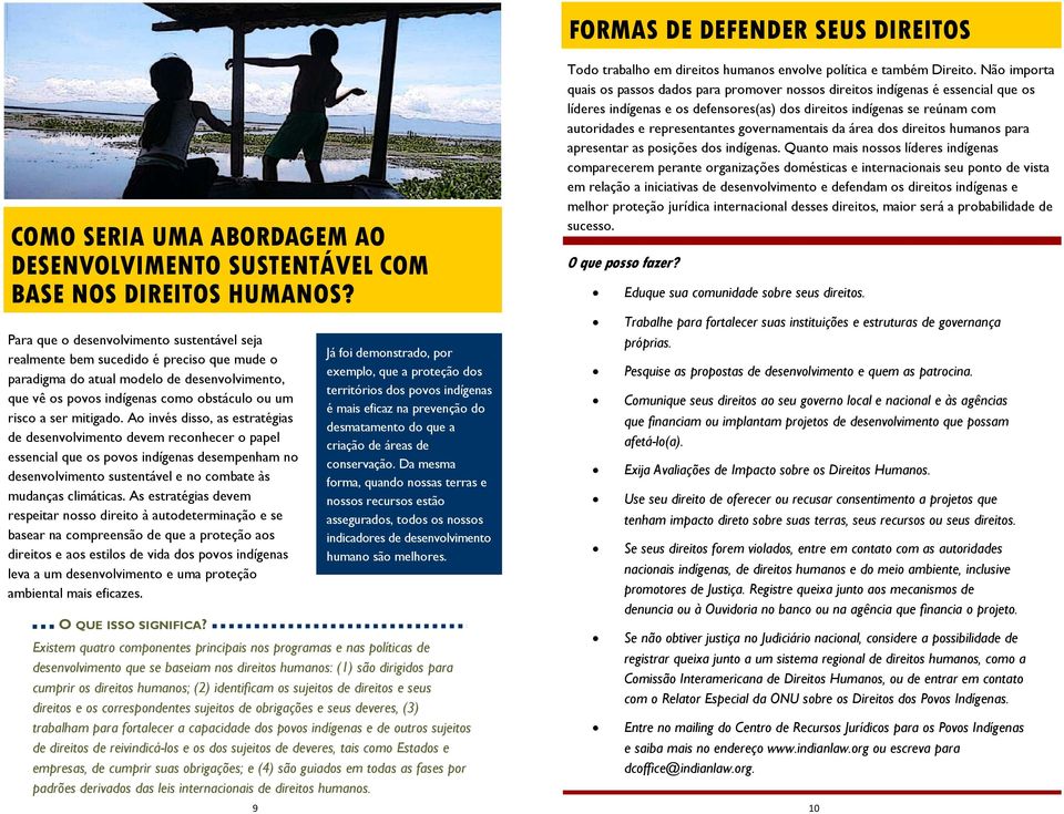 mitigado. Ao invés disso, as estratégias de desenvolvimento devem reconhecer o papel essencial que os povos indígenas desempenham no desenvolvimento sustentável e no combate às mudanças climáticas.