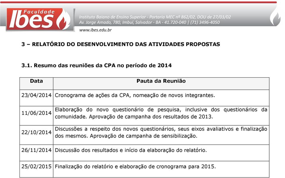 11/06/2014 22/10/2014 Elaboração do novo questionário de pesquisa, inclusive dos questionários da comunidade. Aprovação de campanha dos resultados de 2013.