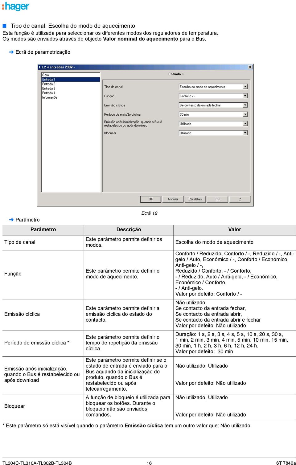 Ecrã de parametrização Parâmetro Função Emissão cíclica Ecrã 12 Período de emissão cíclica * Emissão após inicialização, quando o Bus é restabelecido ou após download Bloquear s modos.