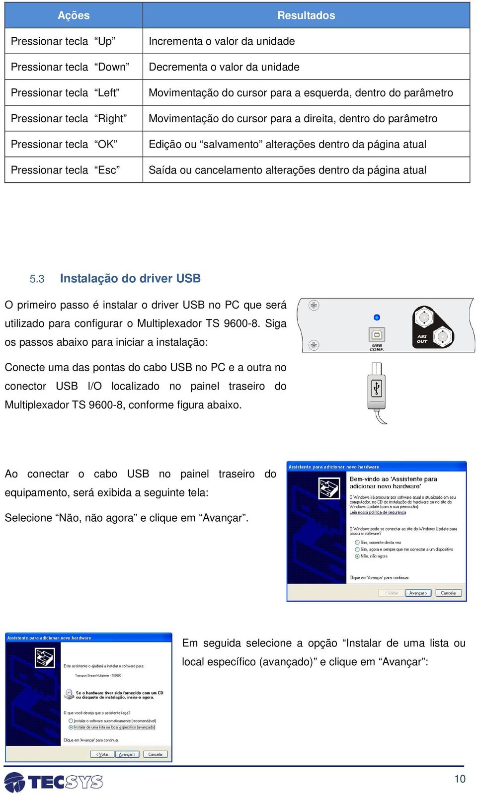 cancelamento alterações dentro da página atual 5.3 Instalação do driver USB O primeiro passo é instalar o driver USB no PC que será utilizado para configurar o Multiplexador TS 9600-8.