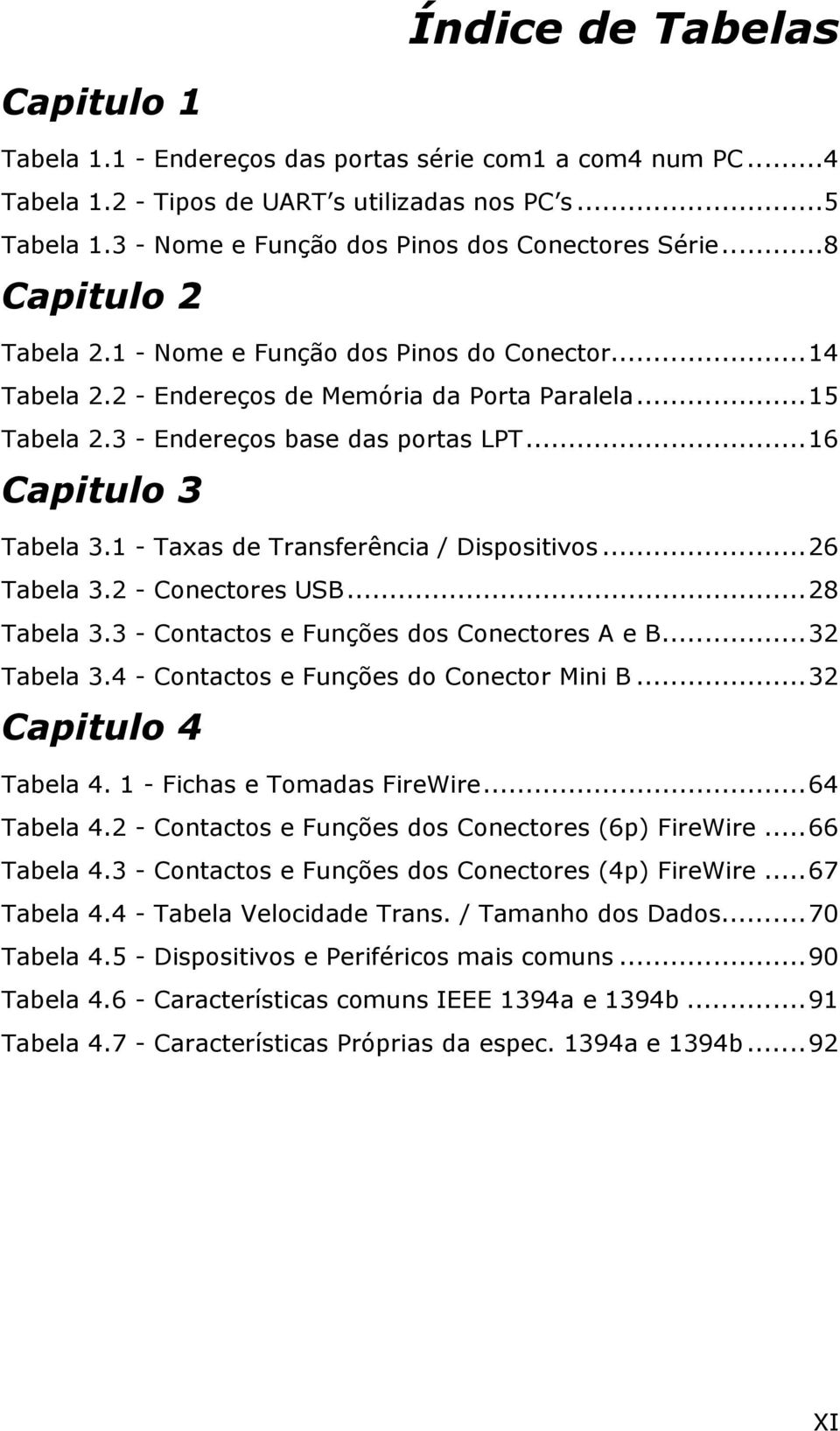 3 - Endereços base das portas LPT...16 Capitulo 3 Tabela 3.1 - Taxas de Transferência / Dispositivos...26 Tabela 3.2 - Conectores USB...28 Tabela 3.3 - Contactos e Funções dos Conectores A e B.