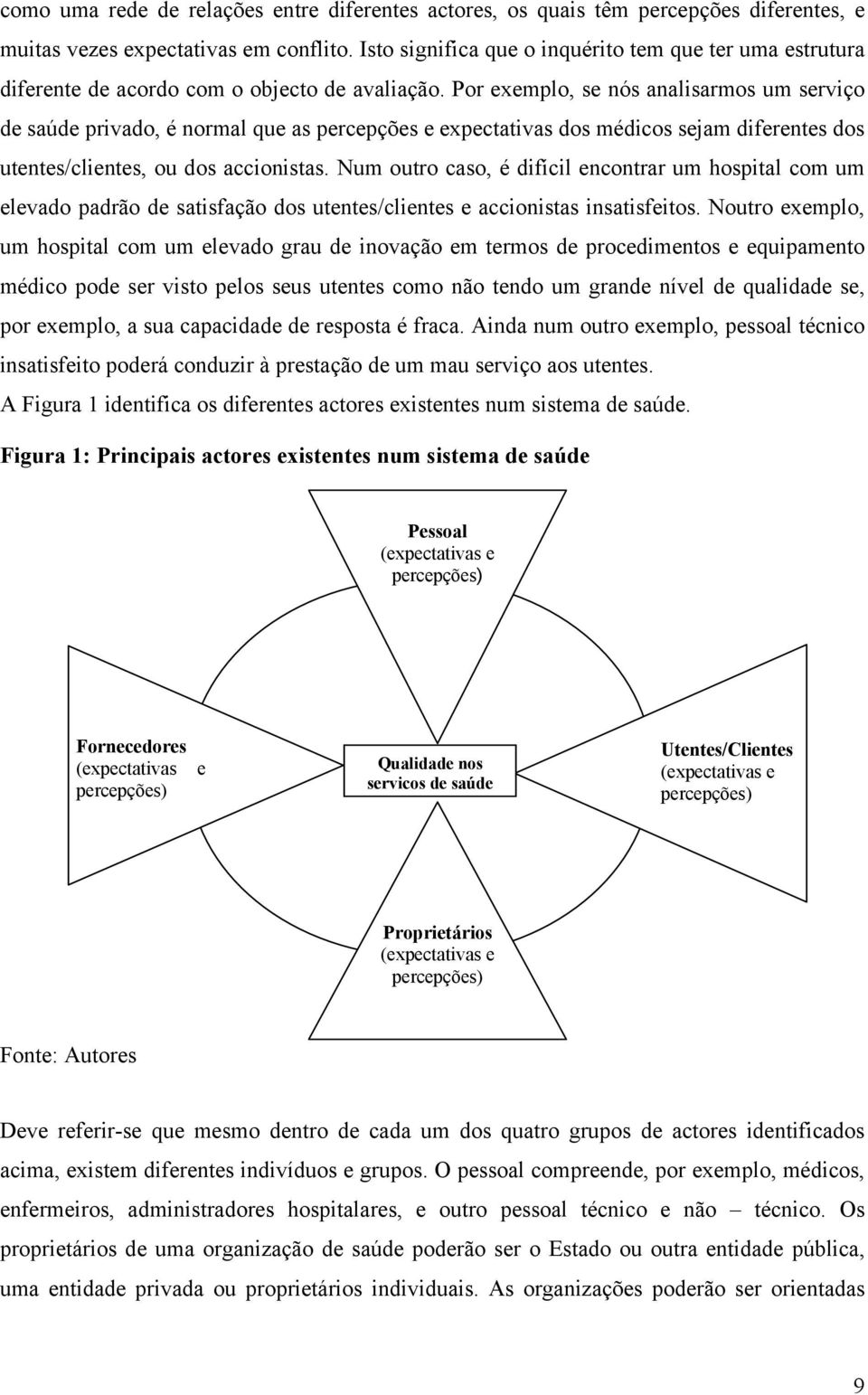 Por exemplo, se nós analisarmos um serviço de saúde privado, é normal que as percepções e expectativas dos médicos sejam diferentes dos utentes/clientes, ou dos accionistas.