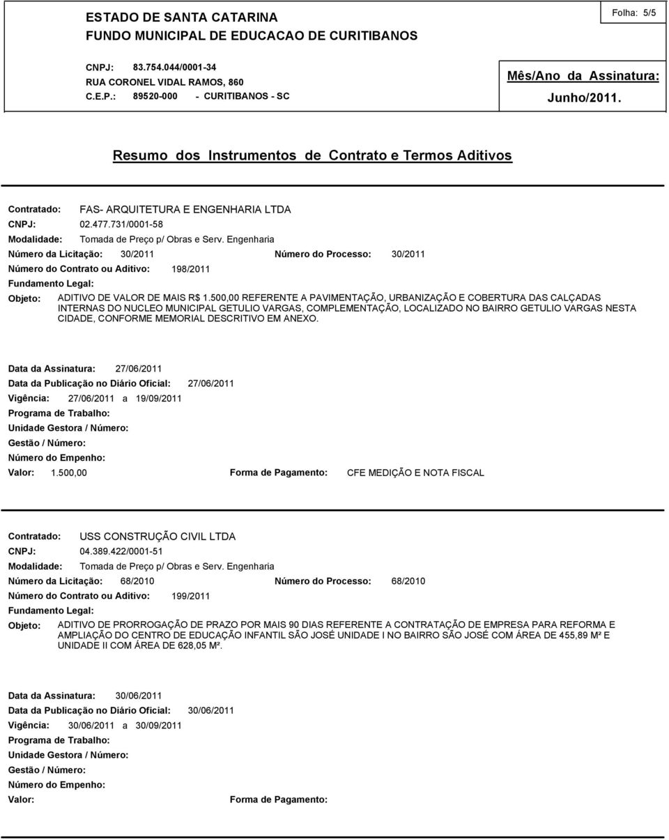 DESCRITIVO EM ANEXO. 27/06/2011 Vigência: 27/06/2011 a 19/09/2011 1.500,00 CFE MEDIÇÃO E NOTA FISCAL USS CONSTRUÇÃO CIVIL LTDA 04.389.