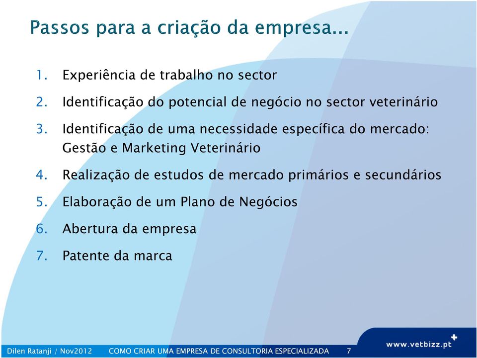 Realização de estudos de mercado primários e secundários 5. Elaboração de um Plano de Negócios 6.