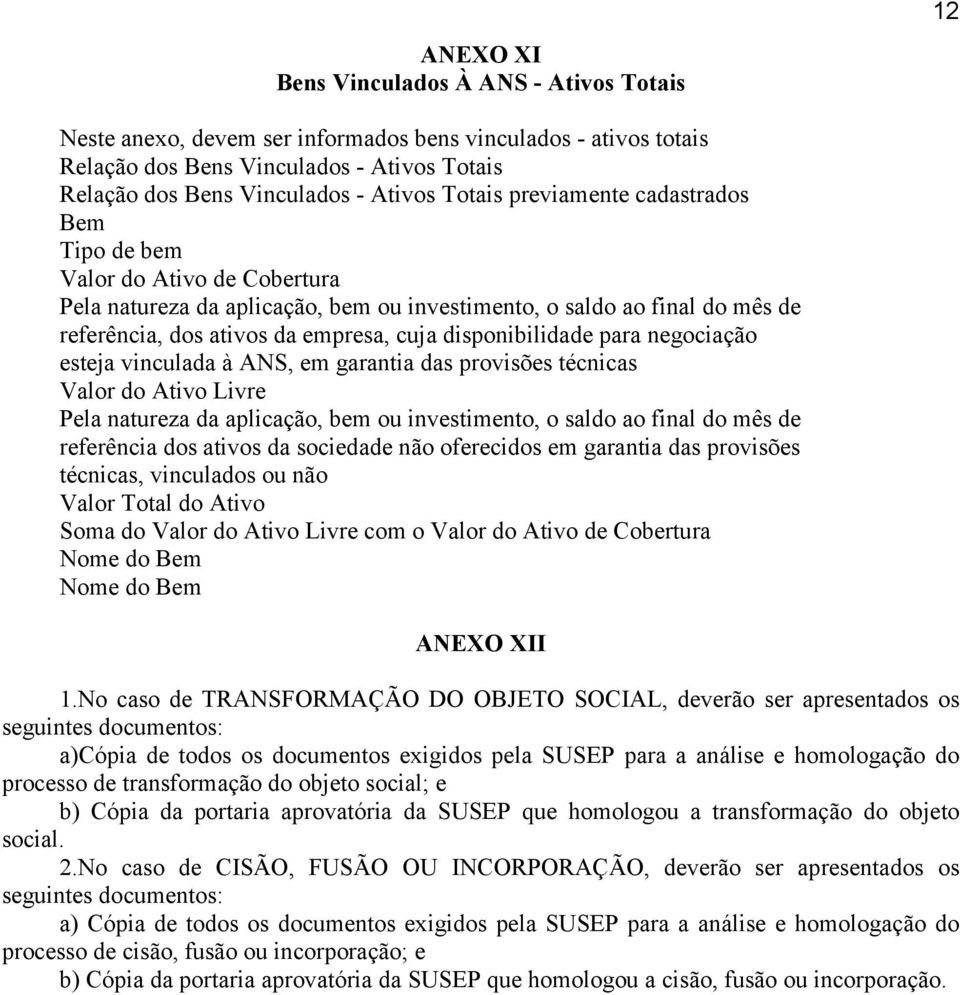 disponibilidade para negociação esteja vinculada à ANS, em garantia das provisões técnicas Valor do Ativo Livre Pela natureza da aplicação, bem ou investimento, o saldo ao final do mês de referência