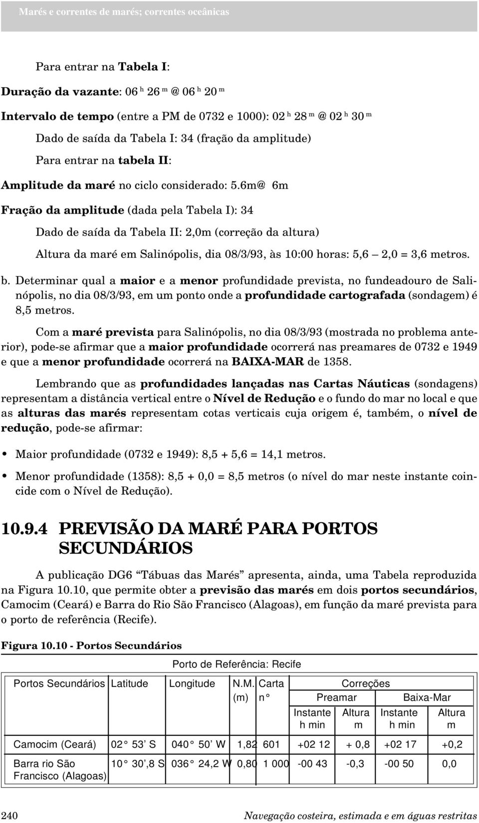 6m@ 6m Fração da amplitude (dada pela Tabela I): 34 Dado de saída da Tabela II: 2,0m (correção da altura) Altura da maré em Salinópolis, dia 08/3/93, às 10:00 horas: 5,6 2,0 = 3,6 metros. b.