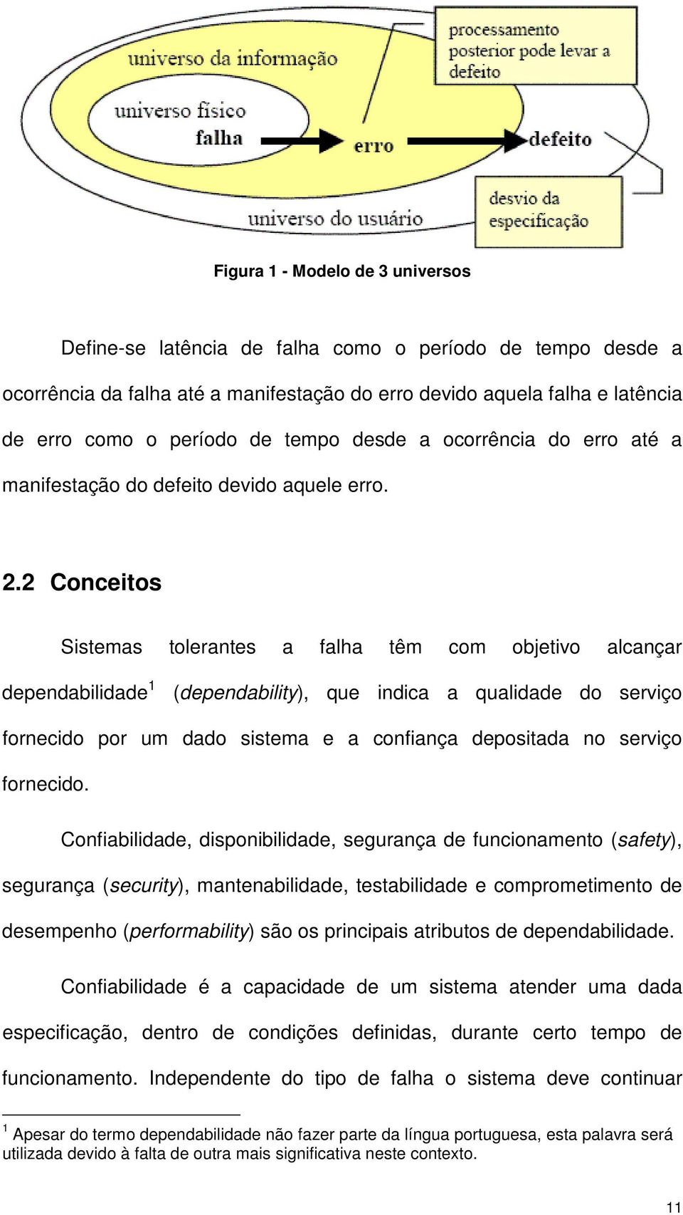 2 Conceitos Sistemas tolerantes a falha têm com objetivo alcançar dependabilidade 1 (dependability), que indica a qualidade do serviço fornecido por um dado sistema e a confiança depositada no