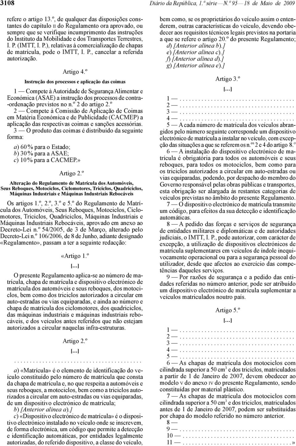 I. P. (IMTT, I. P.), relativas à comercialização de chapas de matrícula, pode o IMTT, I. P., cancelar a referida autorização. Artigo 4.