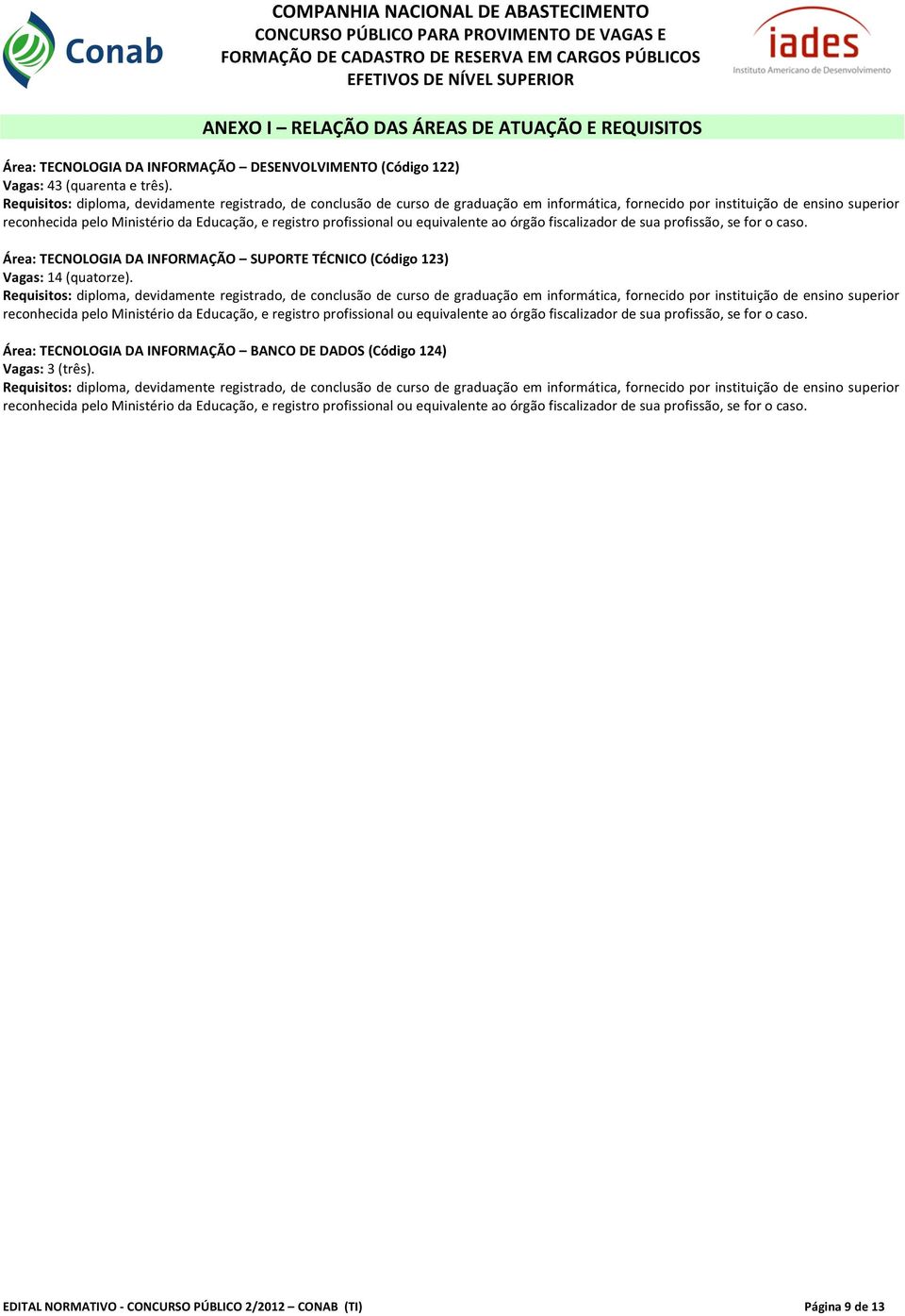 Requisitos: diploma, devidamente registrado, de conclusão de curso de graduação em informática, fornecido por instituição de ensino superior reconhecida pelo Ministério da Educação, e registro