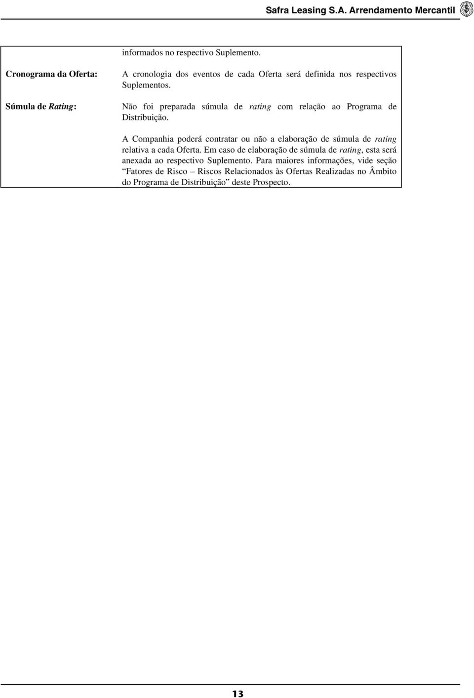 Não foi preparada súmula de rating com relação ao Programa de Distribuição.