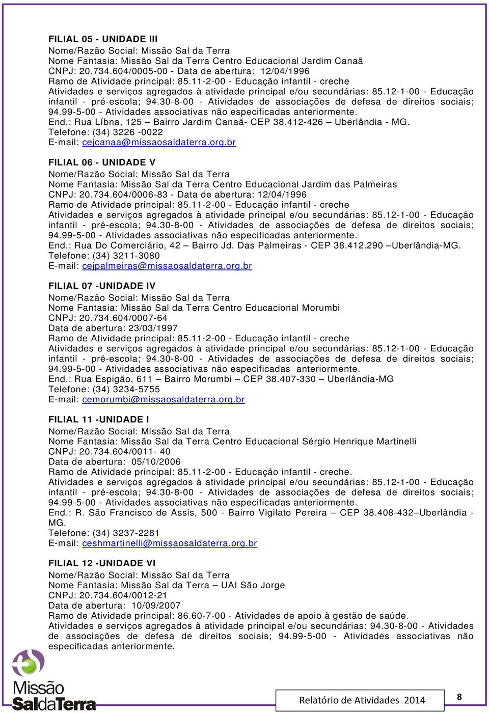 12-1-00 - Educação infantil - pré-escola; 94.30-8-00 - Atividades de associações de defesa de direitos sociais; 94.99-5-00 - Atividades associativas não especificadas anteriormente. End.