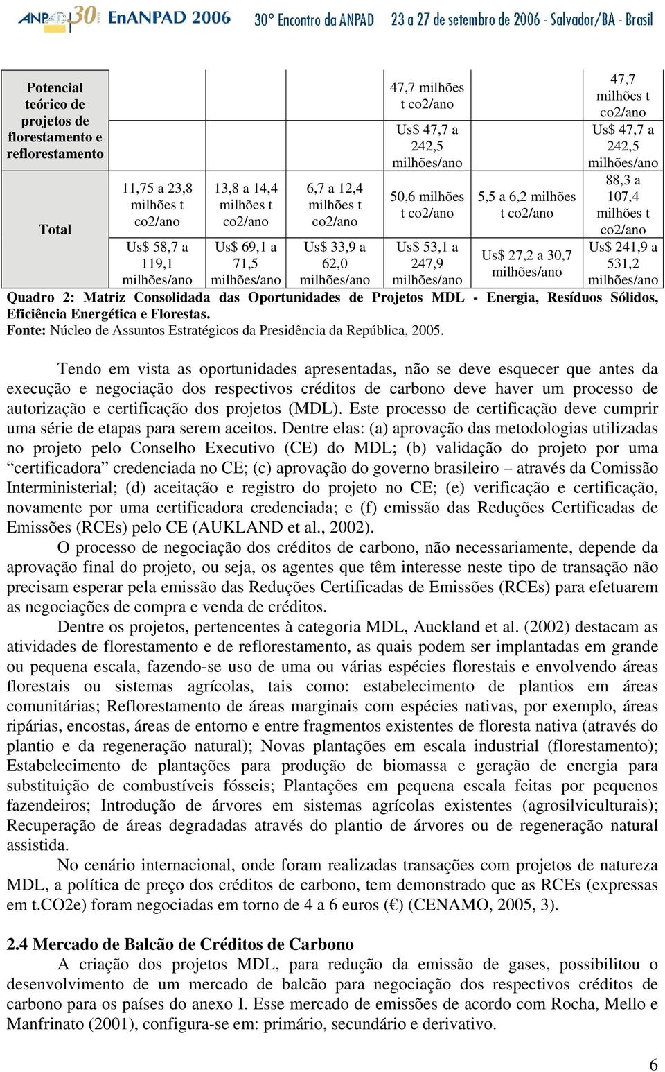 Sólidos, Eficiência Energética e Florestas. Fonte: Núcleo de Assuntos Estratégicos da Presidência da República, 2005.