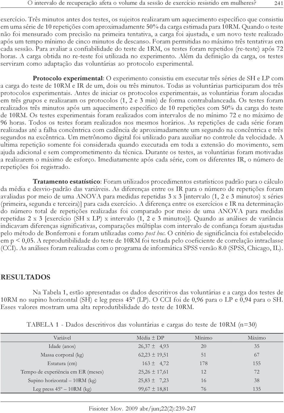 Quando o teste não foi mensurado com precisão na primeira tentativa, a carga foi ajustada, e um novo teste realizado após um tempo mínimo de cinco minutos de descanso.