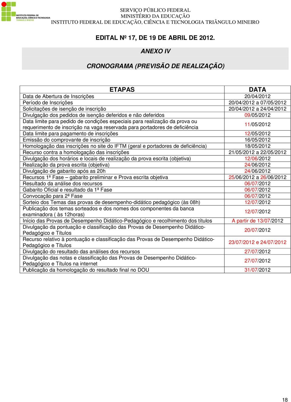 24/04/2012 Divulgação dos pedidos de isenção deferidos e não deferidos 09/05/2012 Data limite para pedido de condições especiais para realização da prova ou requerimento de inscrição na vaga