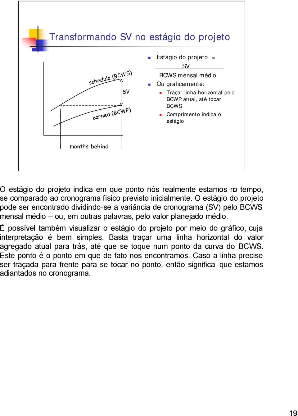 O estágio do projeto pode ser encontrado dividindo-se a variância de cronograma (SV) pelo BCWS mensal médio ou, em outras palavras, pelo valor planejado médio.