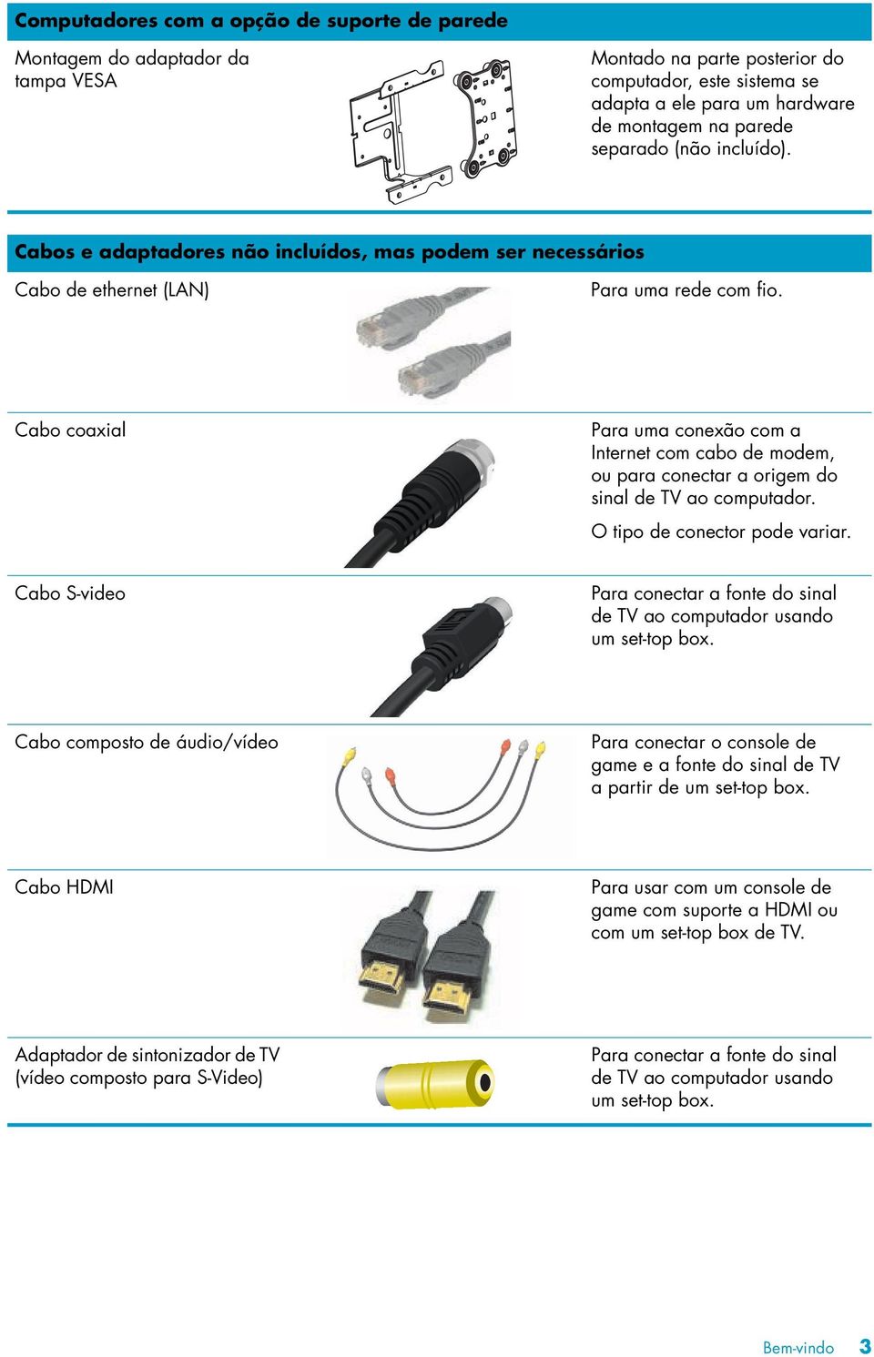 Cabo coaxial Para uma conexão com a Internet com cabo de modem, ou para conectar a origem do sinal de TV ao computador. O tipo de conector pode variar.