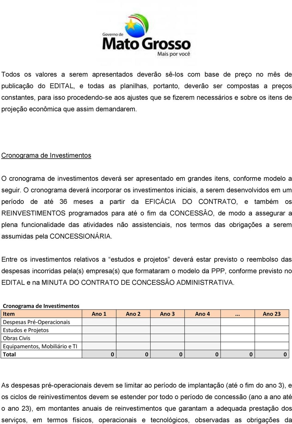 Cronograma de Investimentos O cronograma de investimentos deverá ser apresentado em grandes itens, conforme modelo a seguir.