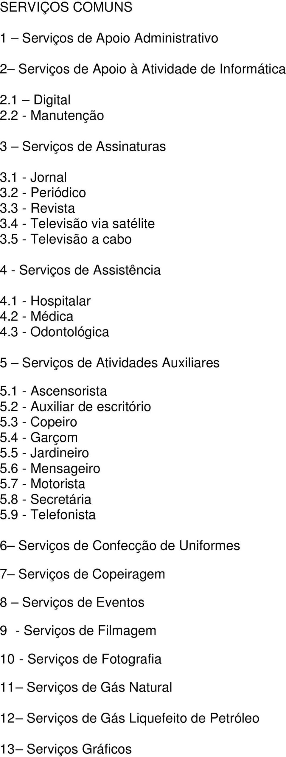 1 - Ascensorista 5.2 - Auxiliar de escritório 5.3 - Copeiro 5.4 - Garçom 5.5 - Jardineiro 5.6 - Mensageiro 5.7 - Motorista 5.8 - Secretária 5.