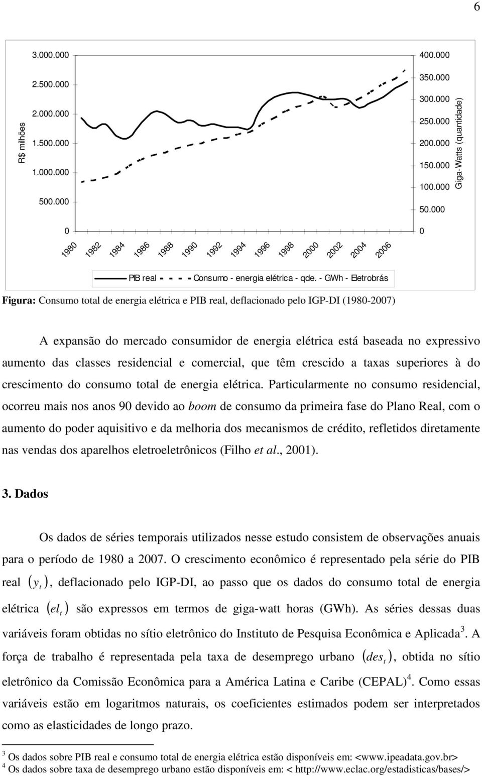 - GWh - Elerobrás Figura: Consumo oal de energia elérica e PIB real, deflacionado pelo IGP-DI (1980-2007 A expansão do mercado consumidor de energia elérica esá baseada no expressivo aumeno das