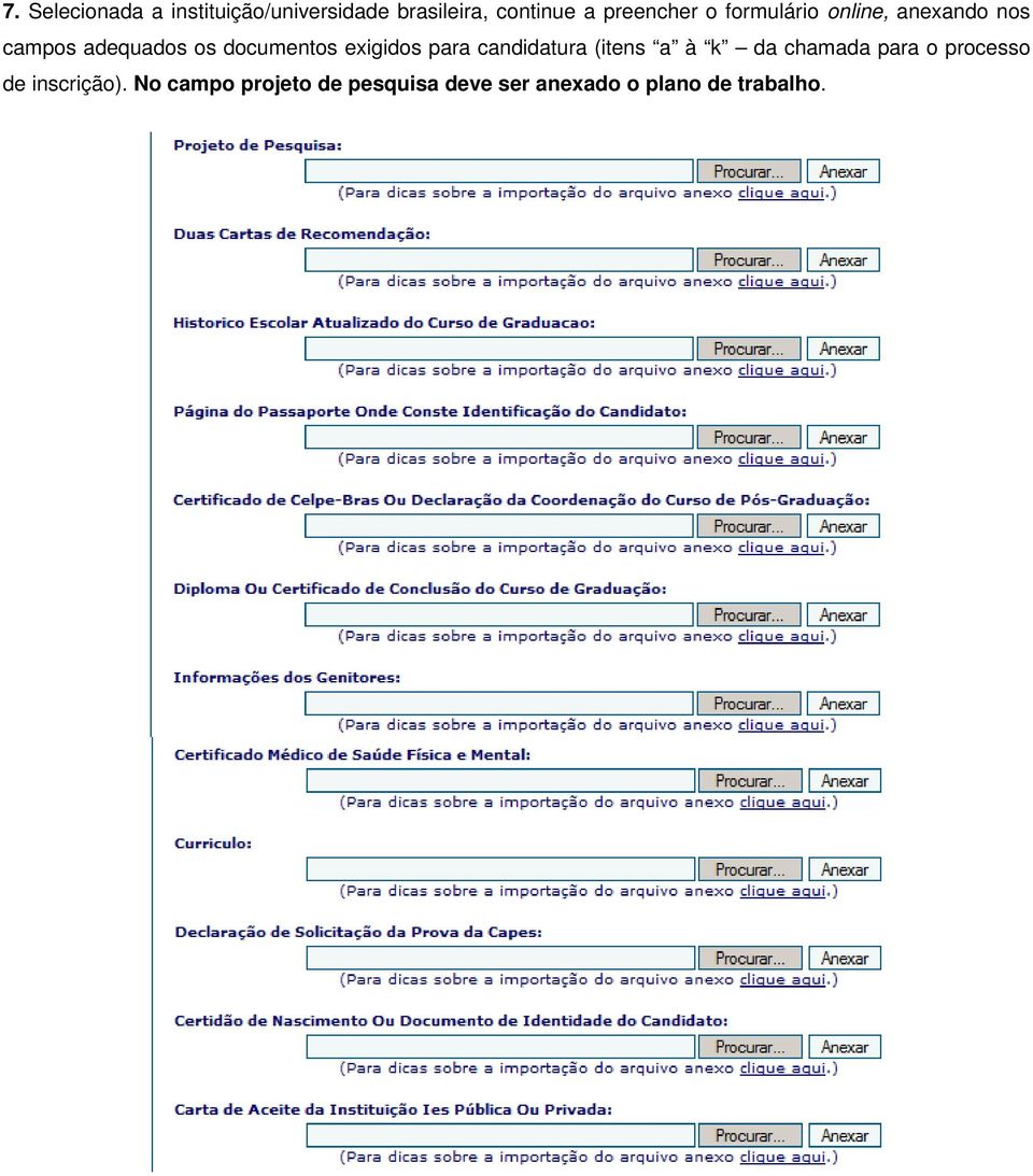 documentos exigidos para candidatura (itens a à k da chamada para o