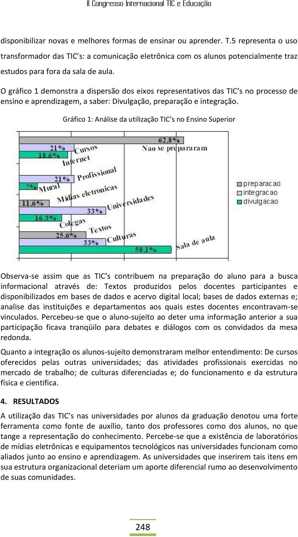 O gráfico 1 demonstra a dispersão dos eixos representativos das TIC s no processo de ensino e aprendizagem, a saber: Divulgação, preparação e integração.