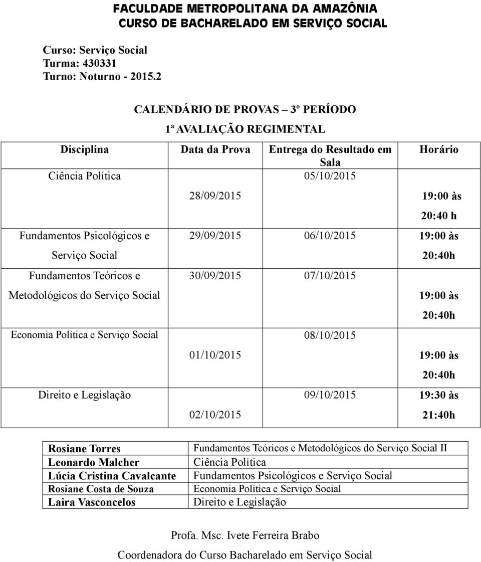 Fundamentos Psicológicos e Serviço Social 29/09/2015 06/10/2015 19:00 às 20:40h 30/09/2015 07/10/2015 19:00 às 20:40h Economia Política e Serviço Social