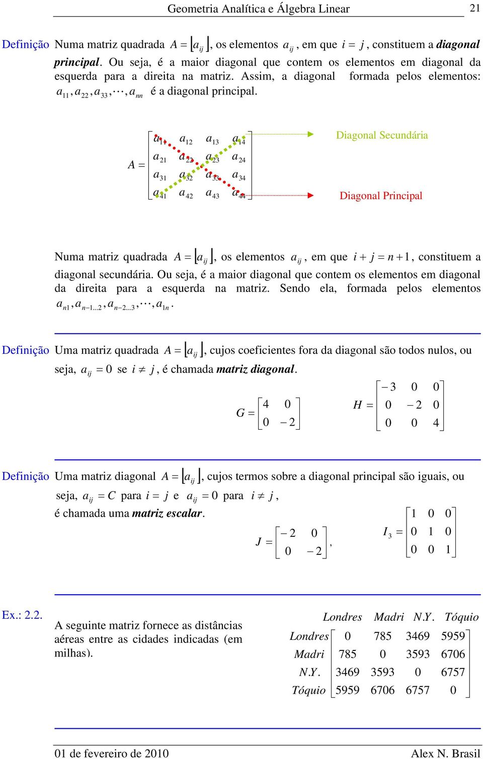 Ou sej, é mior digonl que contem os elementos em digonl d direit pr esquerd n mtriz. Sendo el, formd pelos elementos,,, n n... n..., n. Definição Um mtriz qudrd A sej, se i j, é chmd mtriz digonl.