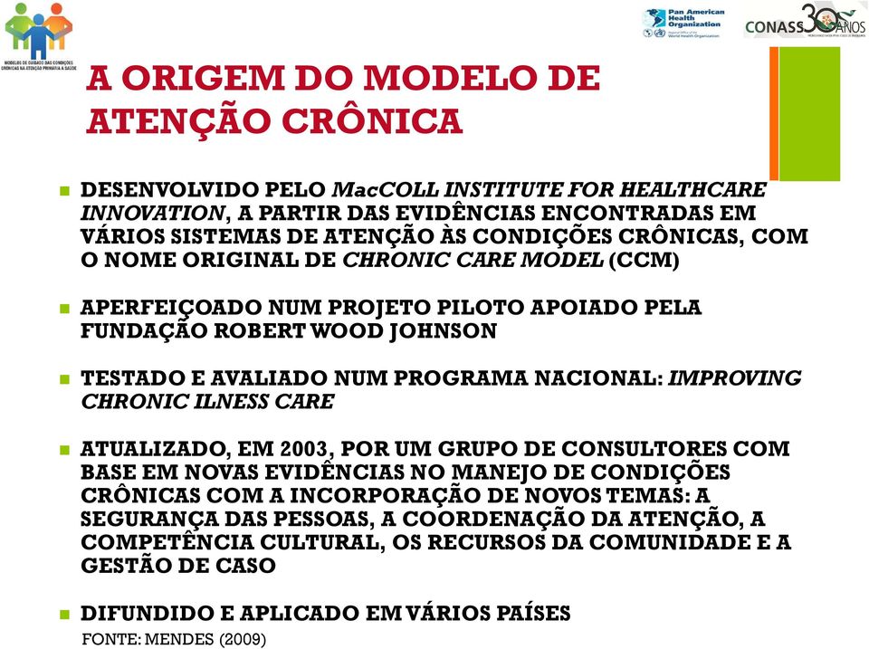 NACIONAL: IMPROVING CHRONIC ILNESS CARE ATUALIZADO, EM 2003, POR UM GRUPO DE CONSULTORES COM BASE EM NOVAS EVIDÊNCIAS NO MANEJO DE CONDIÇÕES CRÔNICAS COM A INCORPORAÇÃO DE