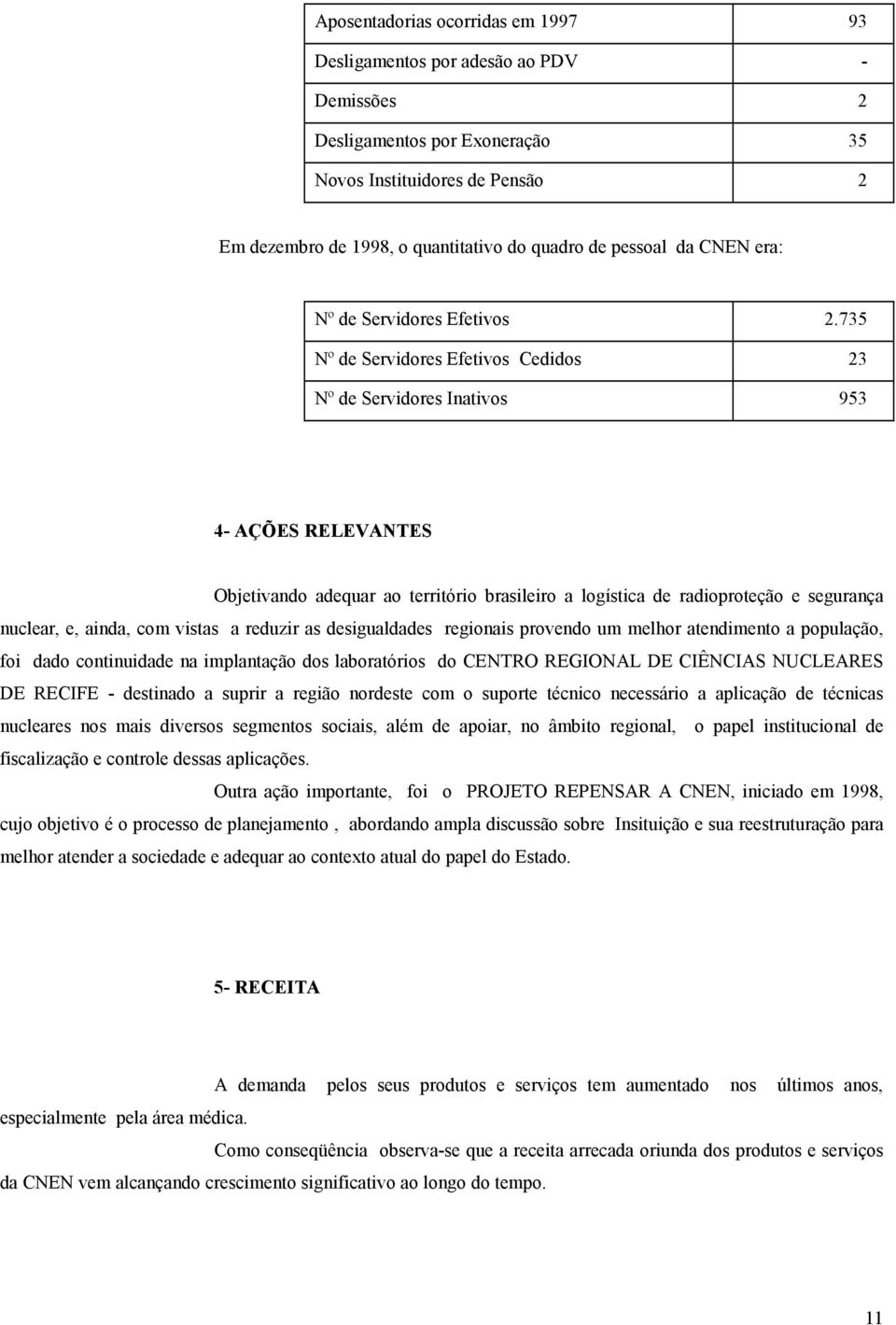 735 Nº de Servidores Efetivos Cedidos 23 Nº de Servidores Inativos 953 4- AÇÕES RELEVANTES Objetivando adequar ao território brasileiro a logística de radioproteção e segurança nuclear, e, ainda, com