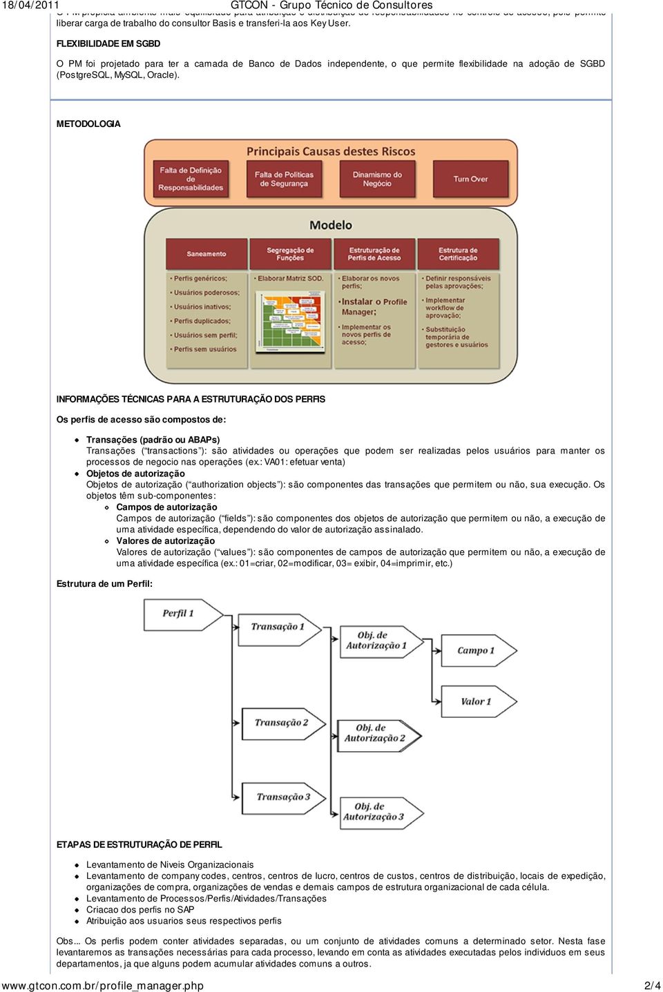 METODOLOGIA INFORMAÇÕES TÉCNICAS PARA A ESTRUTURAÇÃO DOS PERFIS Os perfis de acesso são compostos de: Transações (padrão ou ABAPs) Transações ( transactions ): são atividades ou operações que podem