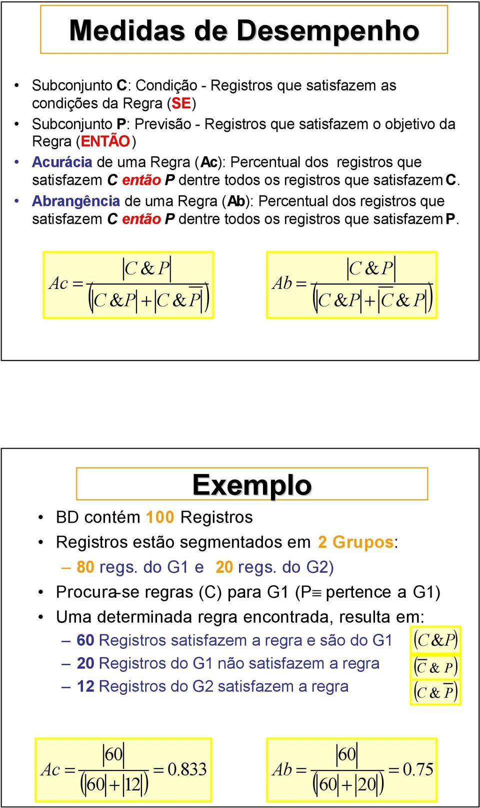 Abrangência de uma Regra (Ab): Percentual dos registros que satisfazem C então P dentre todos os registros que satisfazem P.