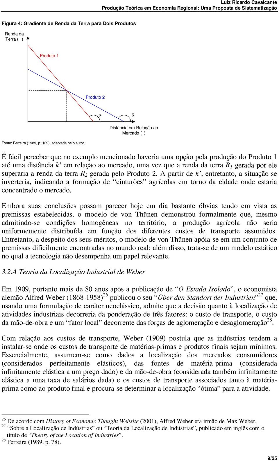 terra R 2 gerada pelo Produto 2. A partir de k, entretanto, a situação se inverteria, indicando a formação de cinturões agrícolas em torno da cidade onde estaria concentrado o mercado.