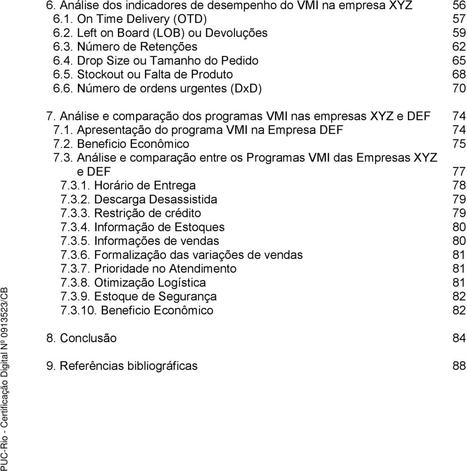 Apresentação do programa VMI na Empresa DEF 74 7.2. Beneficio Econômico 75 7.3. Análise e comparação entre os Programas VMI das Empresas XYZ e DEF 77 7.3.1. Horário de Entrega 78 7.3.2. Descarga Desassistida 79 7.