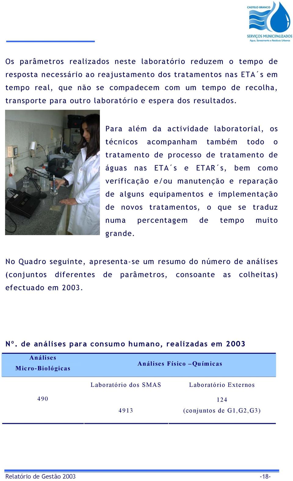 Para além da actividade laboratorial, os técnicos acompanham também todo o tratamento de processo de tratamento de águas nas ETA s e ETAR s, bem como verificação e/ou manutenção e reparação de alguns