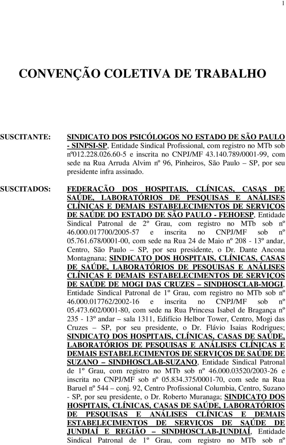 SUSCITADOS: FEDERAÇÃO DOS HOSPITAIS, CLÍNICAS, CASAS DE SAÚDE, LABORATÓRIOS DE PESQUISAS E ANÁLISES CLÍNICAS E DEMAIS ESTABELECIMENTOS DE SERVIÇOS DE SAÚDE DO ESTADO DE SÃO PAULO - FEHOESP, Entidade