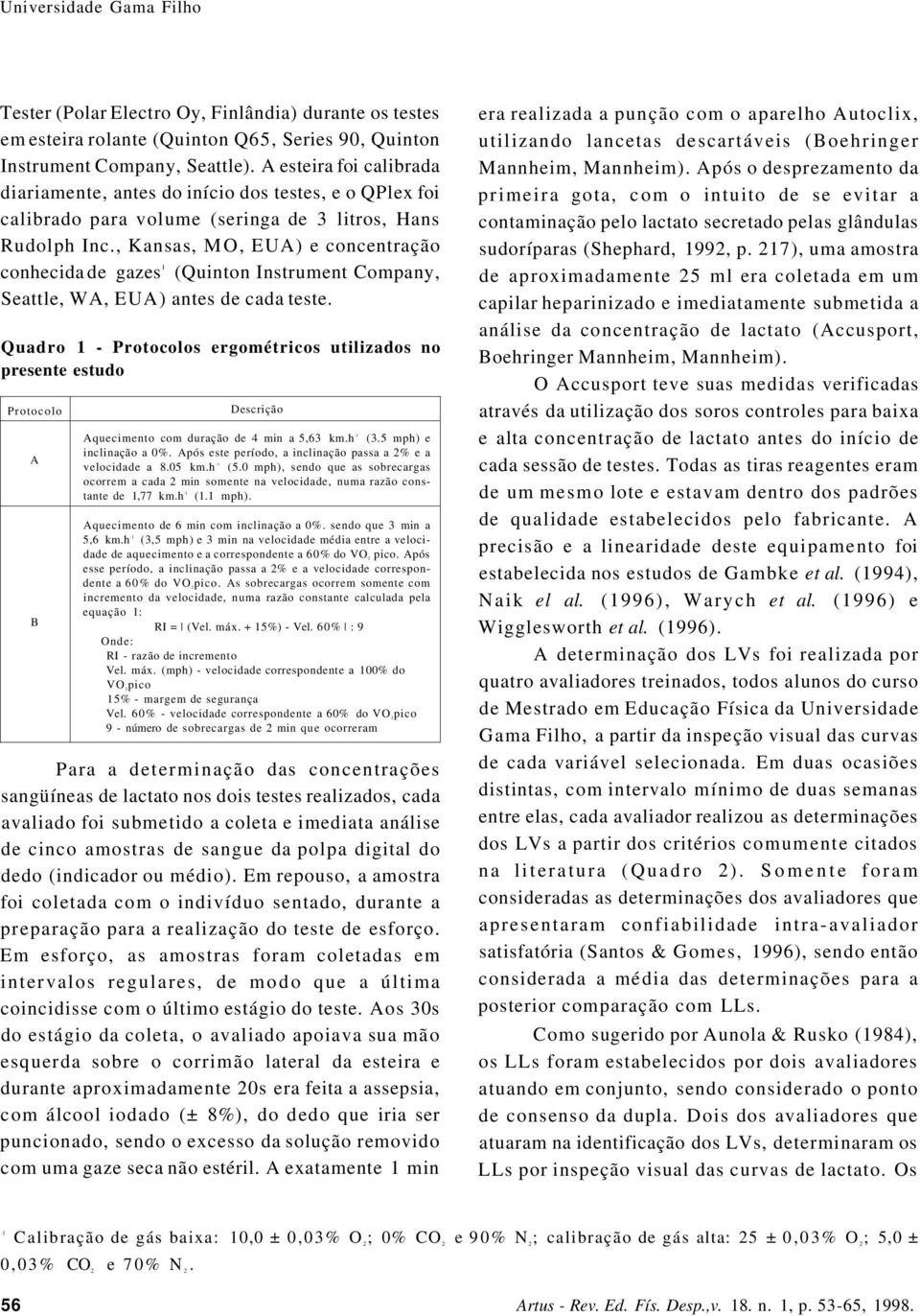 , Kansas, MO, EUA) e concentração conhecida de gazes 1 (Quinton Instrument Company, Seattle, WA, EUA) antes de cada teste.