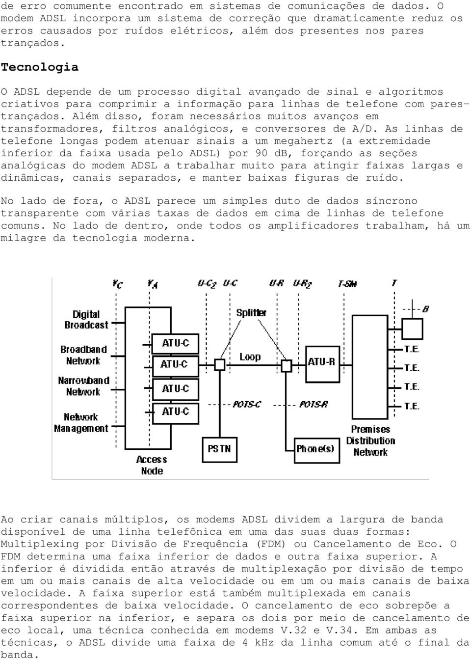 Tecnologia O ADSL depende de um processo digital avançado de sinal e algoritmos criativos para comprimir a informação para linhas de telefone com parestrançados.