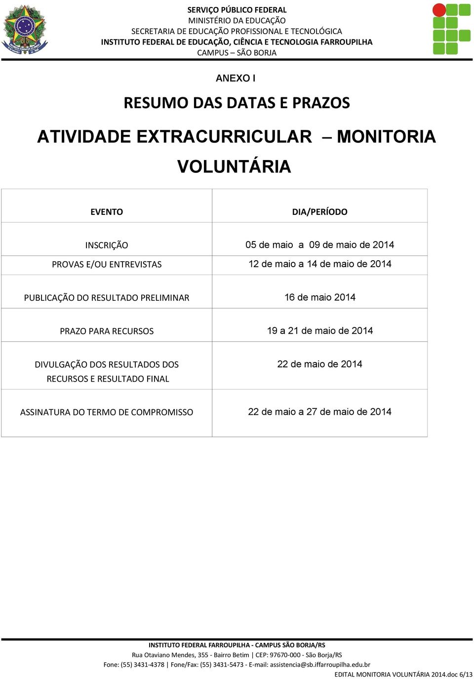 de maio 2014 PRAZO PARA RECURSOS 19 a 21 de maio de 2014 DIVULGAÇÃO DOS RESULTADOS DOS RECURSOS E RESULTADO FINAL 22 de