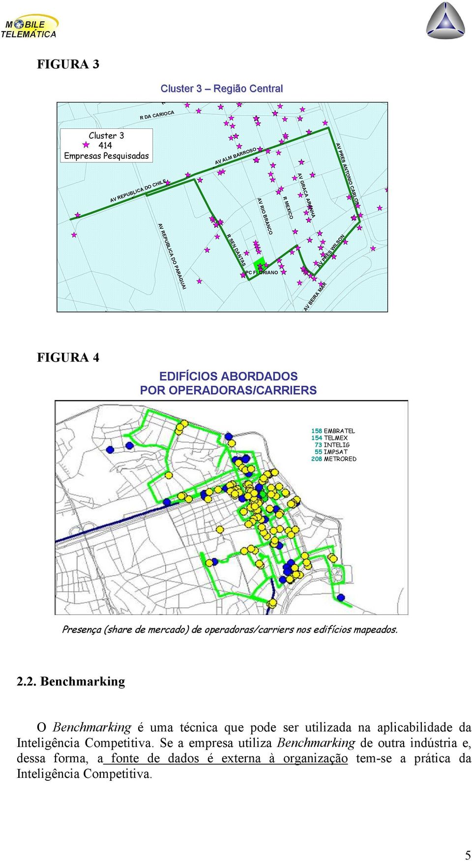 OPERADORAS/CARRIERS 158 EMBRATEL 154 TELMEX 73 INTELIG 55 IMPSAT 208 METRORED Presença (share de mercado) de operadoras/carriers nos edifícios mapeados. 2.2. Benchmarking O Benchmarking é uma técnica que pode ser utilizada na aplicabilidade da Inteligência Competitiva.