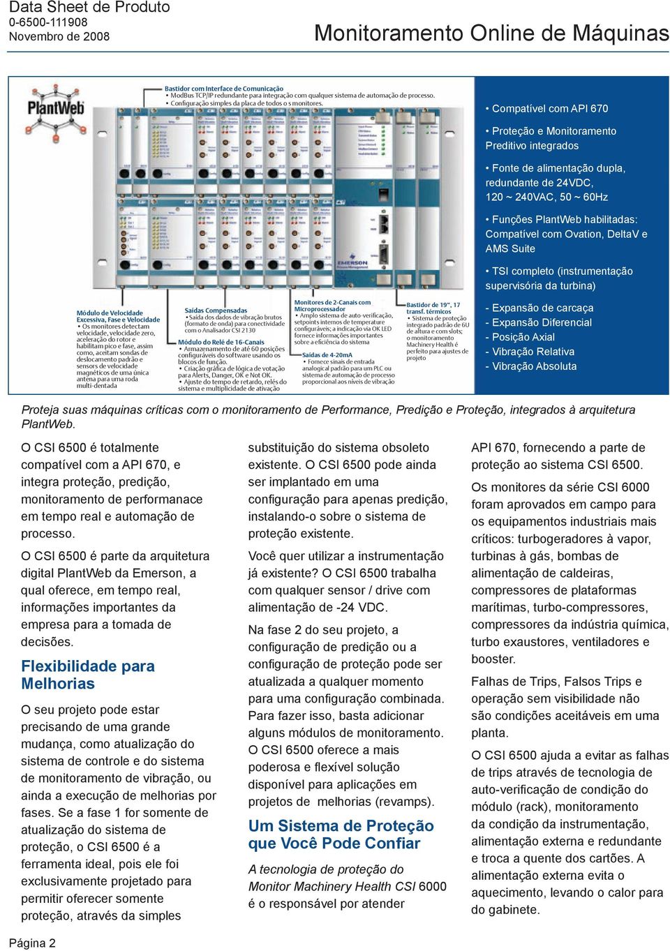 DeltaV e AMS Suite TSI completo (instrumentação supervisória da turbina) Módulo de Velocidade Excessiva, Fase e Velocidade Os monitores detectam velocidade, velocidade zero, aceleração do rotor e