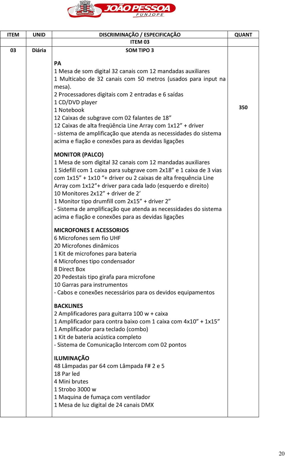 2 Processadores digitais com 2 entradas e 6 saídas 1 CD/DVD player 1 Notebook 12 Caixas de subgrave com 02 falantes de 18 12 Caixas de alta freqüência Line Array com 1x12 + driver - sistema de