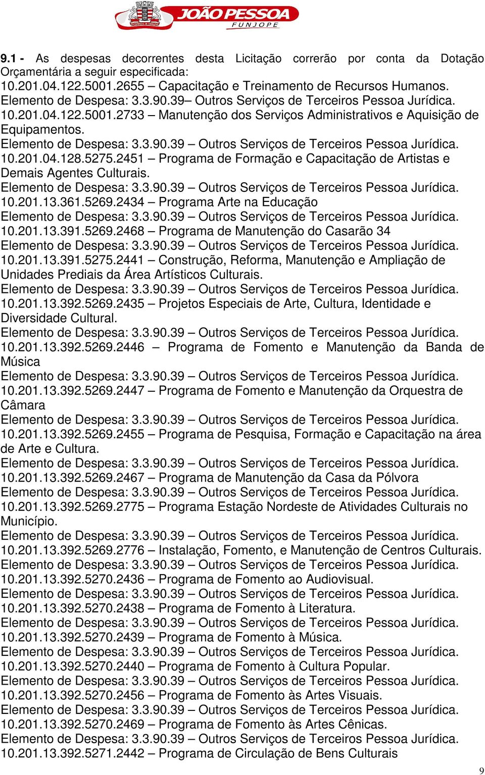 2451 Programa de Formação e Capacitação de Artistas e Demais Agentes Culturais. 10.201.13.361.5269.2434 Programa Arte na Educação 10.201.13.391.5269.2468 Programa de Manutenção do Casarão 34 10.201.13.391.5275.