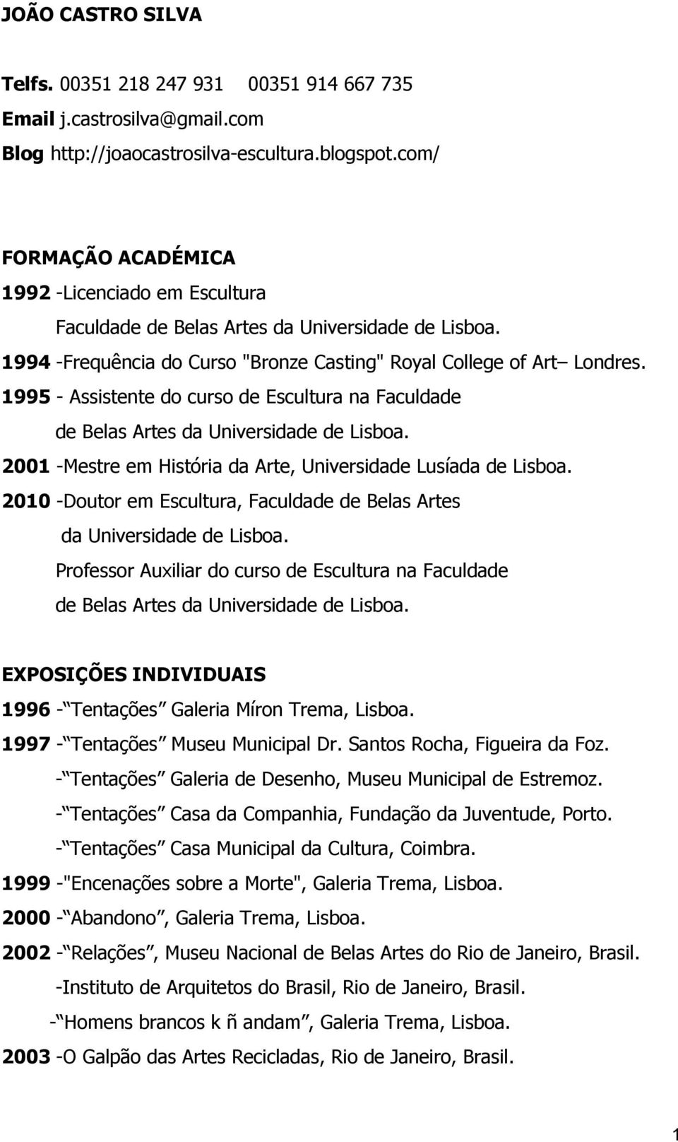 1995 - Assistente do curso de Escultura na Faculdade de Belas Artes da Universidade de Lisboa. 2001 -Mestre em História da Arte, Universidade Lusíada de Lisboa.