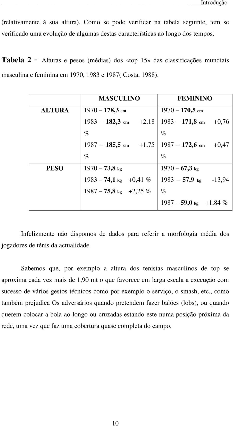 ALTURA PESO MASCULINO 1970 178,3 cm 1983 182,3 cm +2,18 % 1987 185,5 cm +1,75 % 1970 73,8 kg 1983 74,1 kg +0,41 % 1987 75,8 kg +2,25 % FEMININO 1970 170,5 cm 1983 171,8 cm +0,76 % 1987 172,6 cm +0,47